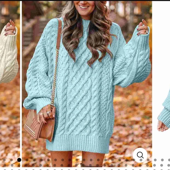 Women's Oversized Small Cable Knit Chunky Sweater dress Long Sleeve- Light Blue - Picture 9 of 10